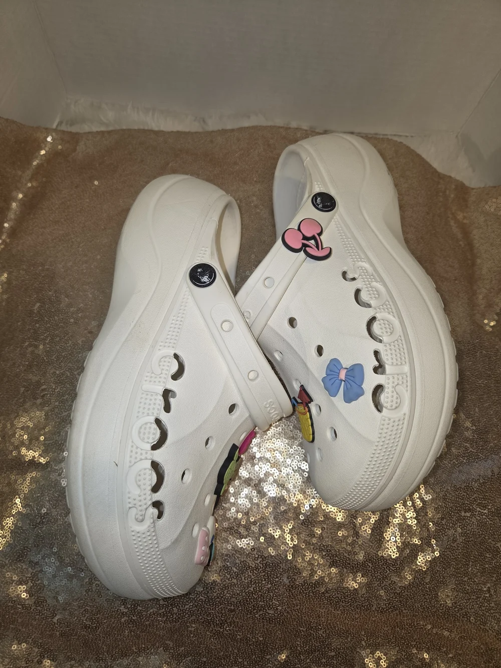CROCS White Platform Sandals with Colorful Removable Charms
